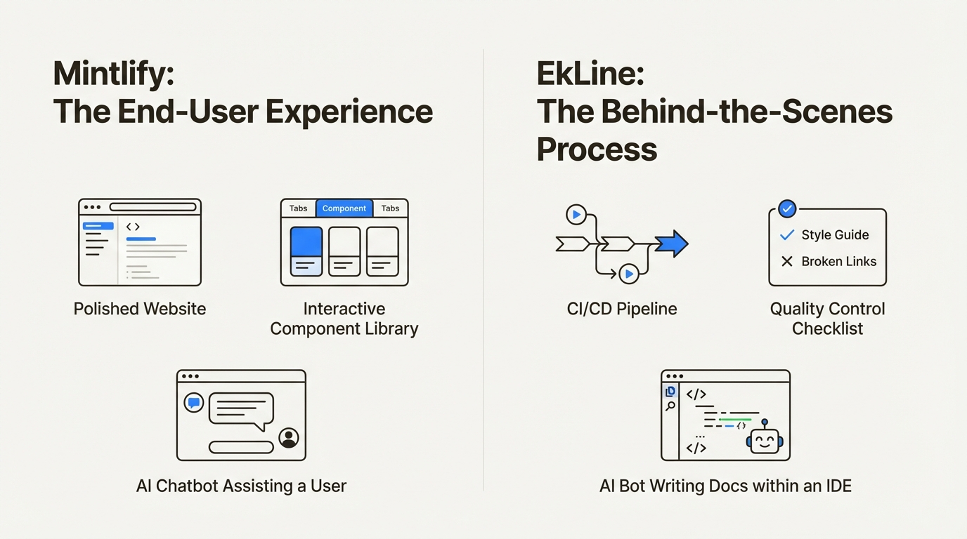 An infographic comparing the core difference in the EkLine vs Mintlify debate, showing Mintlify's focus on the final website and EkLine's focus on the automated creation process.