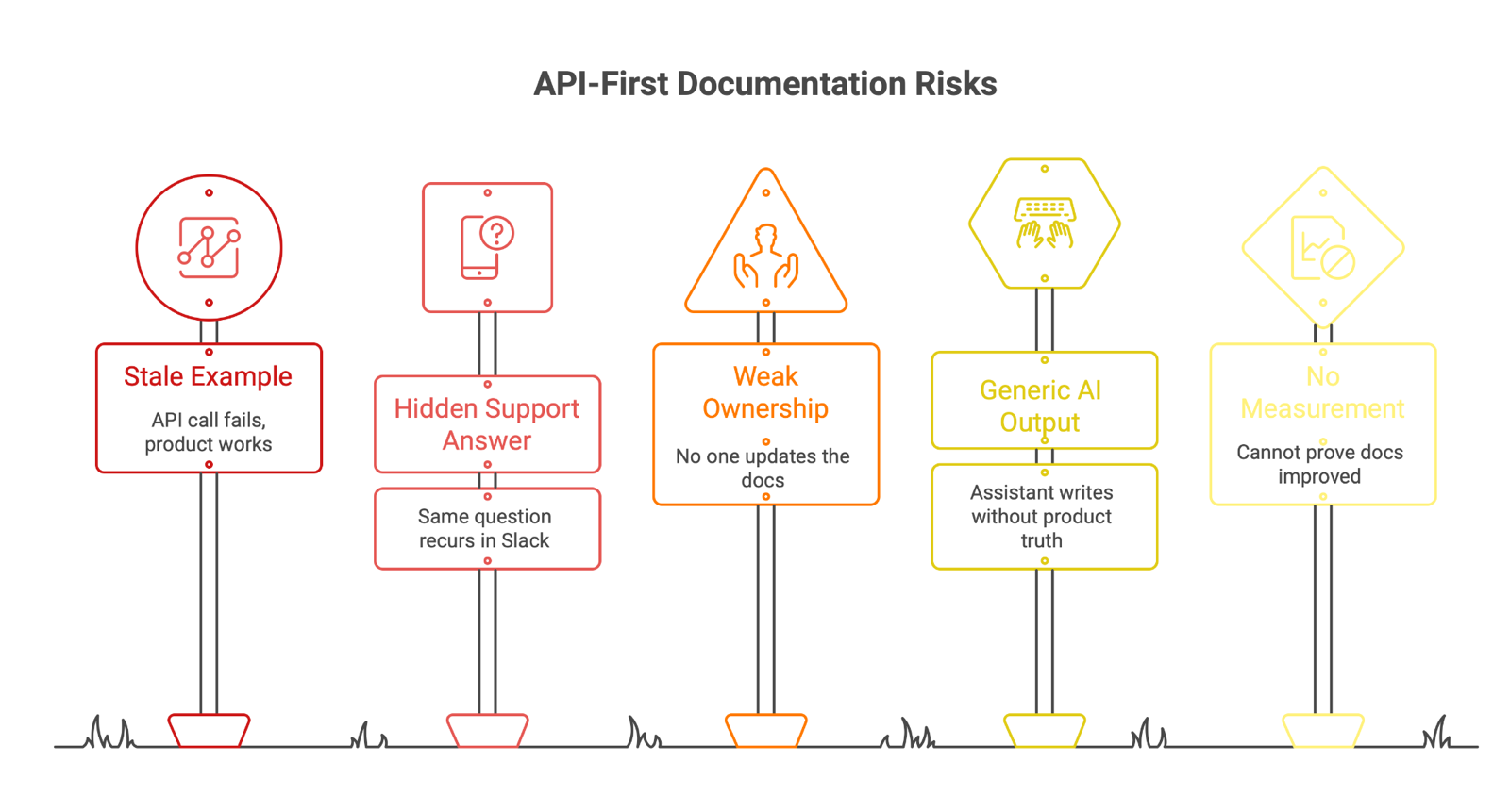Five roadside signposts titled API-First Documentation Risks: stale example, hidden support answer, weak ownership, generic AI output, and no measurement